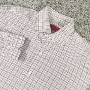 Isaia Napoli Shirt Mens 16.5 42 Italy Micro Plaid Button Up Pink Purple Cotton